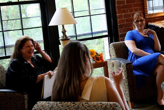 Chatting with the bride and bridesmaids before summer 2013 wedding at Charles River Museum of Industry